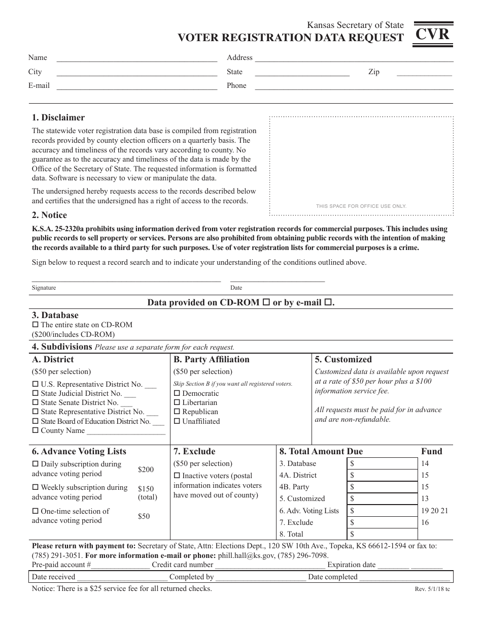 Form CVR Voter Registration Data Request - Kansas, Page 1