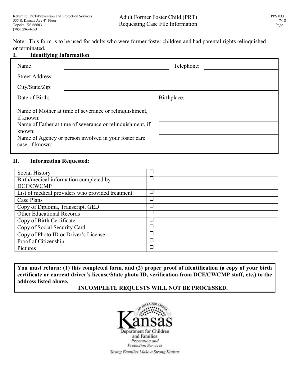 Form PPS0331 Adult Former Foster Care (Prt) Requesting Case File Information - Kansas, Page 1