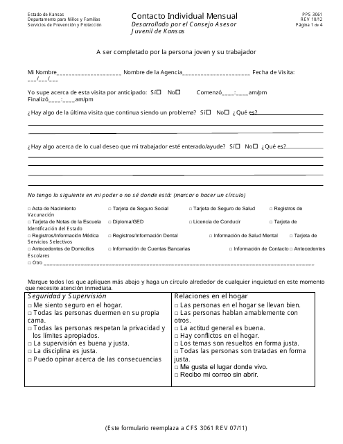 Formulario PPS3061 Contacto Individual Mensual - Kansas (Spanish)