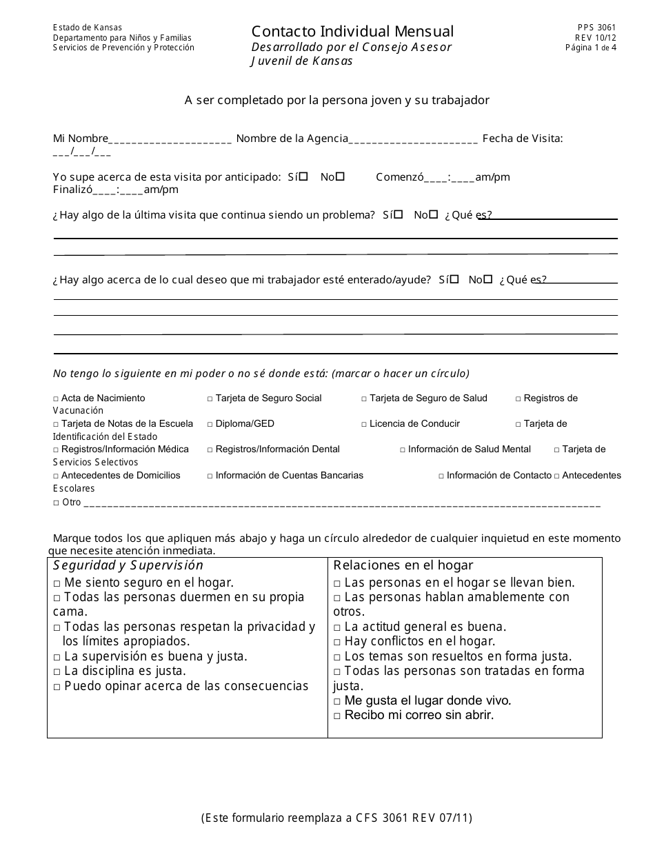 Formulario PPS3061 Contacto Individual Mensual - Kansas (Spanish), Page 1