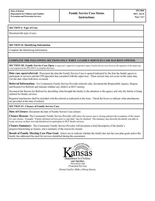 Instructions for Form PPS4005 Family Service Case Status - Kansas