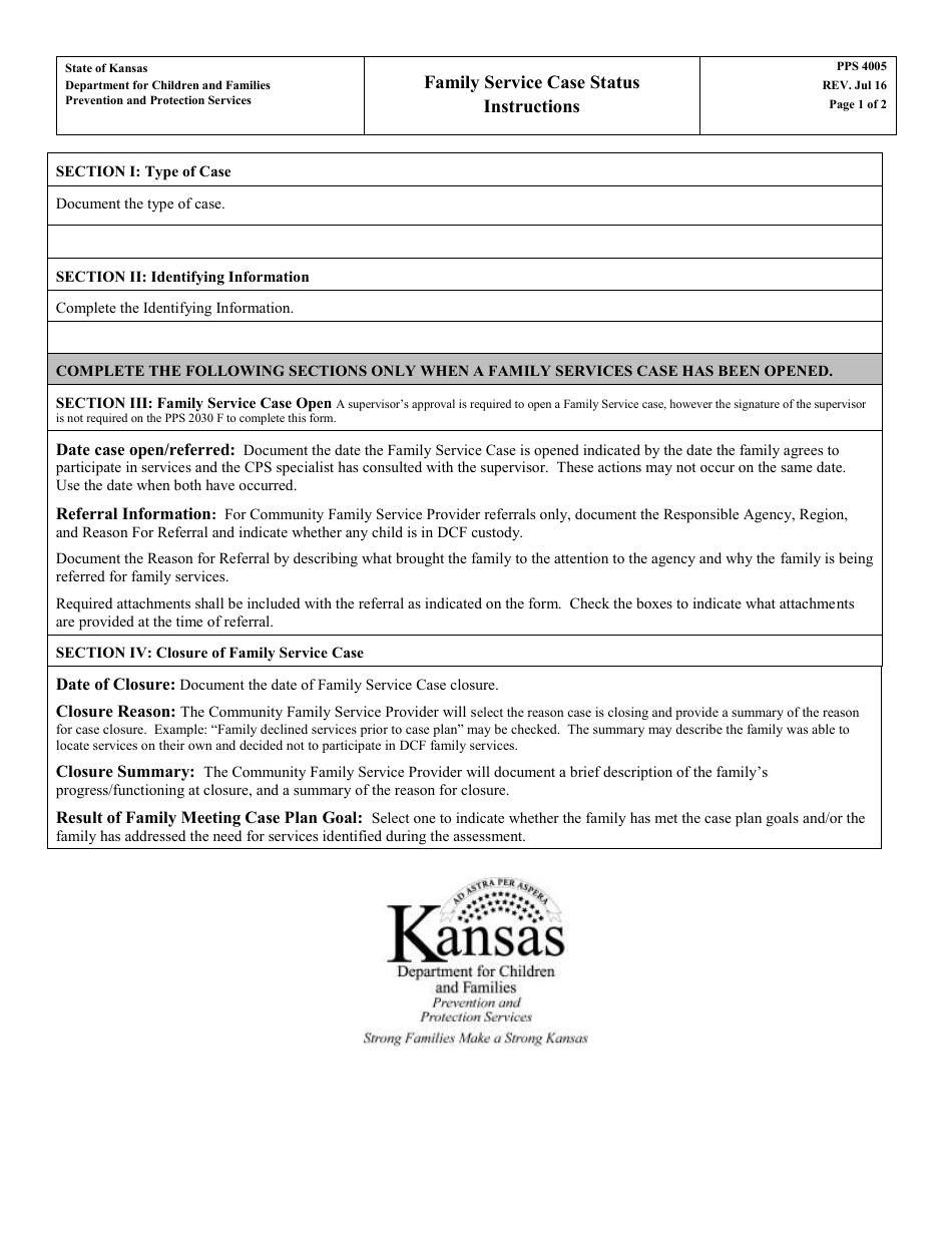 Instructions for Form PPS4005 Family Service Case Status - Kansas, Page 1