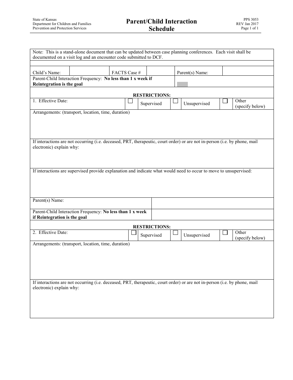 Form PPS3053 Parent / Child Interaction Schedule - Kansas, Page 1
