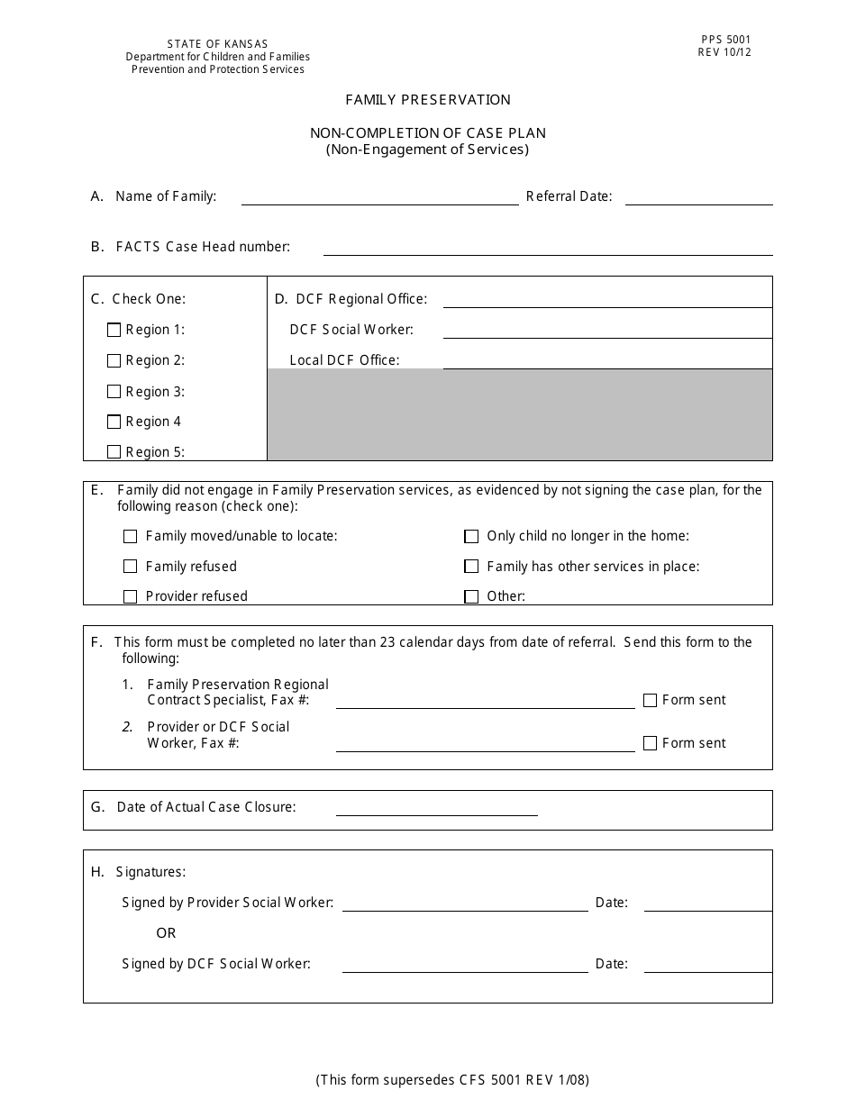 Form PPS5001 Family Preservation Non-completion of Case Plan (Non-engagement of Services) - Kansas, Page 1
