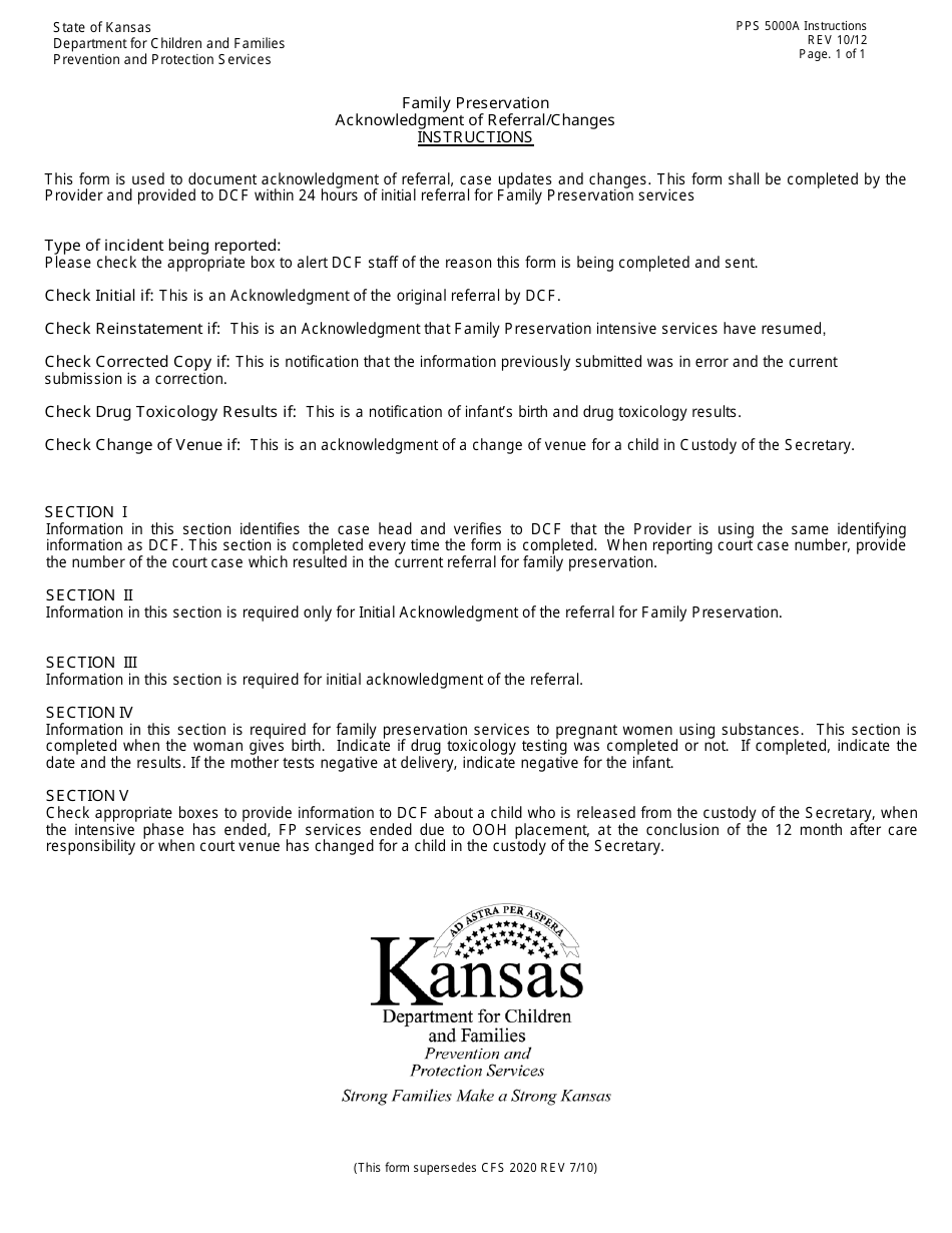 Instructions for Form PPS5000A Family Preservation Acknowledgment of Referral / Changes - Kansas, Page 1