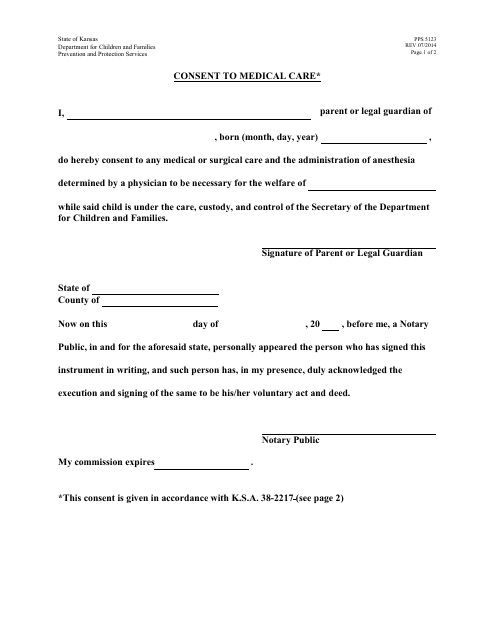 Form PPS5123 Consent to Medical Care - Kansas
