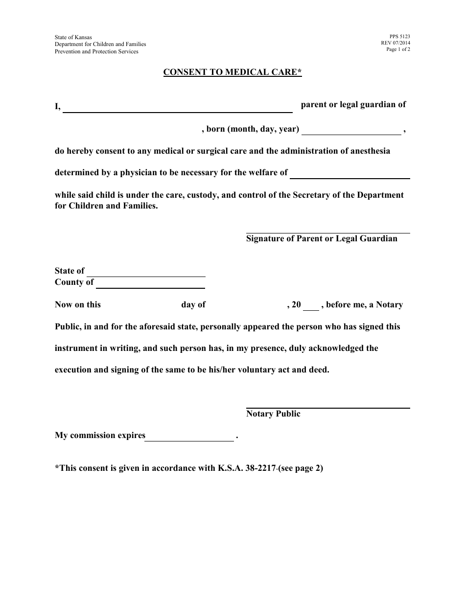 Form PPS5123 Consent to Medical Care - Kansas, Page 1