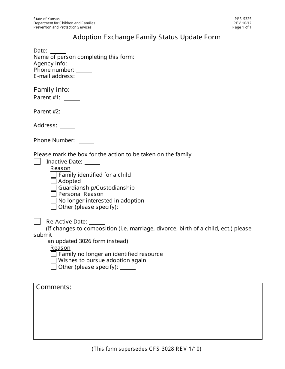 Form PPS5325 Adoption Exchange Family Status Update Form - Kansas, Page 1