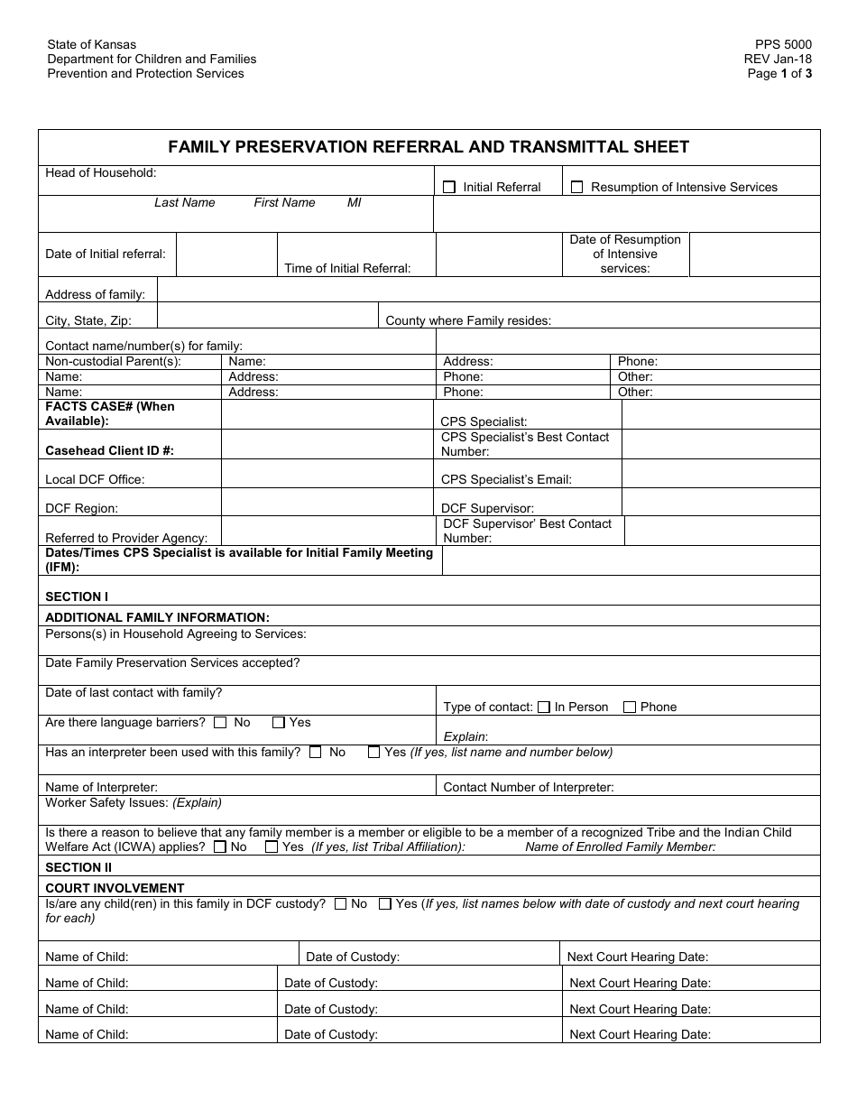Form PPS5000 Family Preservation Referral and Transmittal Sheet - Kansas, Page 1