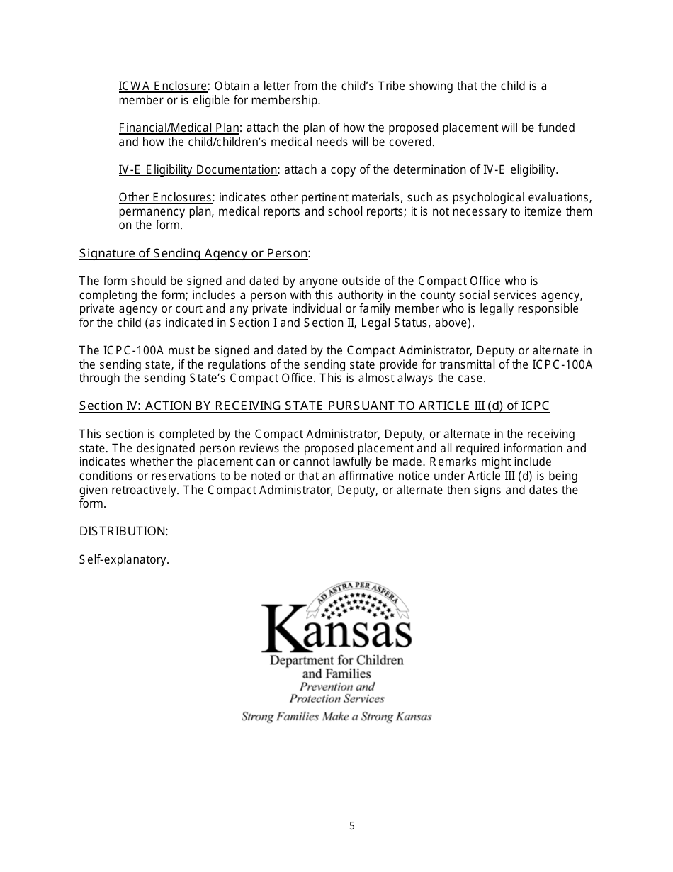 Instructions for Form PPS9130, ICPC-100A Interstate Compact on the Placement of Children Request - Kansas, Page 5