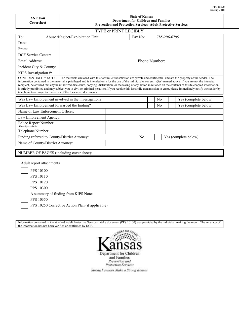 Form PPS10370 Ane Unit Cover Sheet - Kansas, Page 1