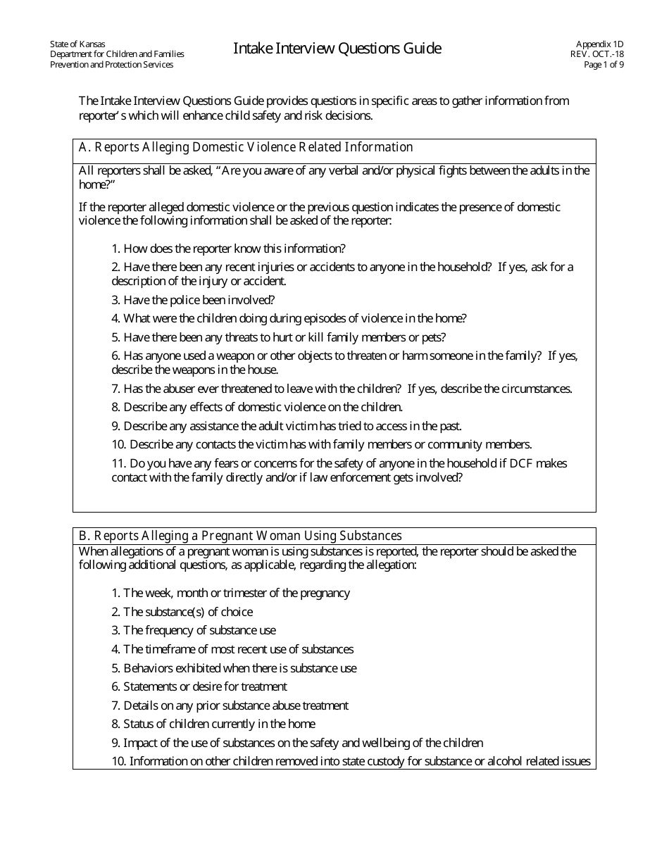 Appendix 1D Intake Interview Questions Guide - Kansas, Page 1