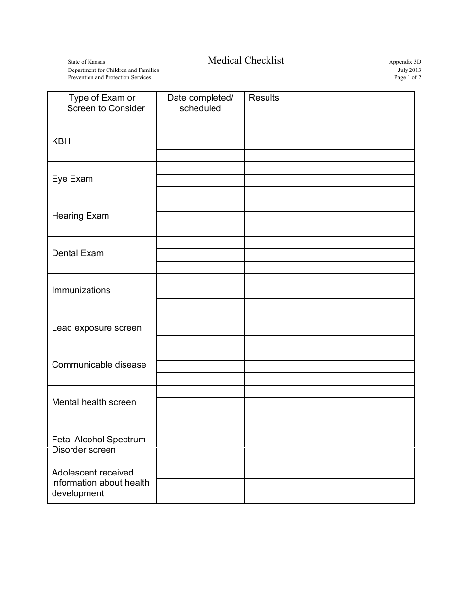 Appendix 3D Medical Checklist - Kansas, Page 1