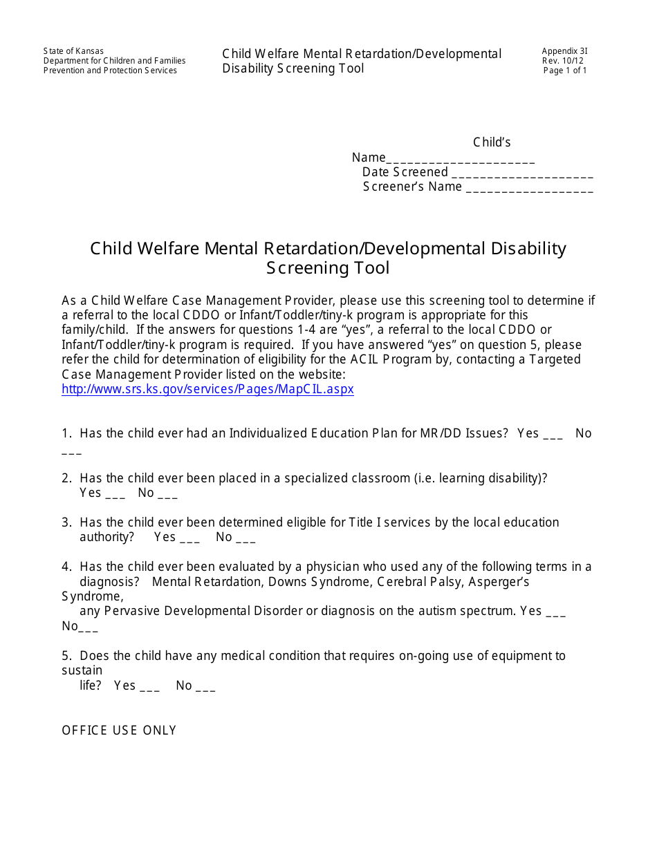 Appendix 3I Child Welfare Mental Retardation / Developmental Disability Screening Tool - Kansas, Page 1