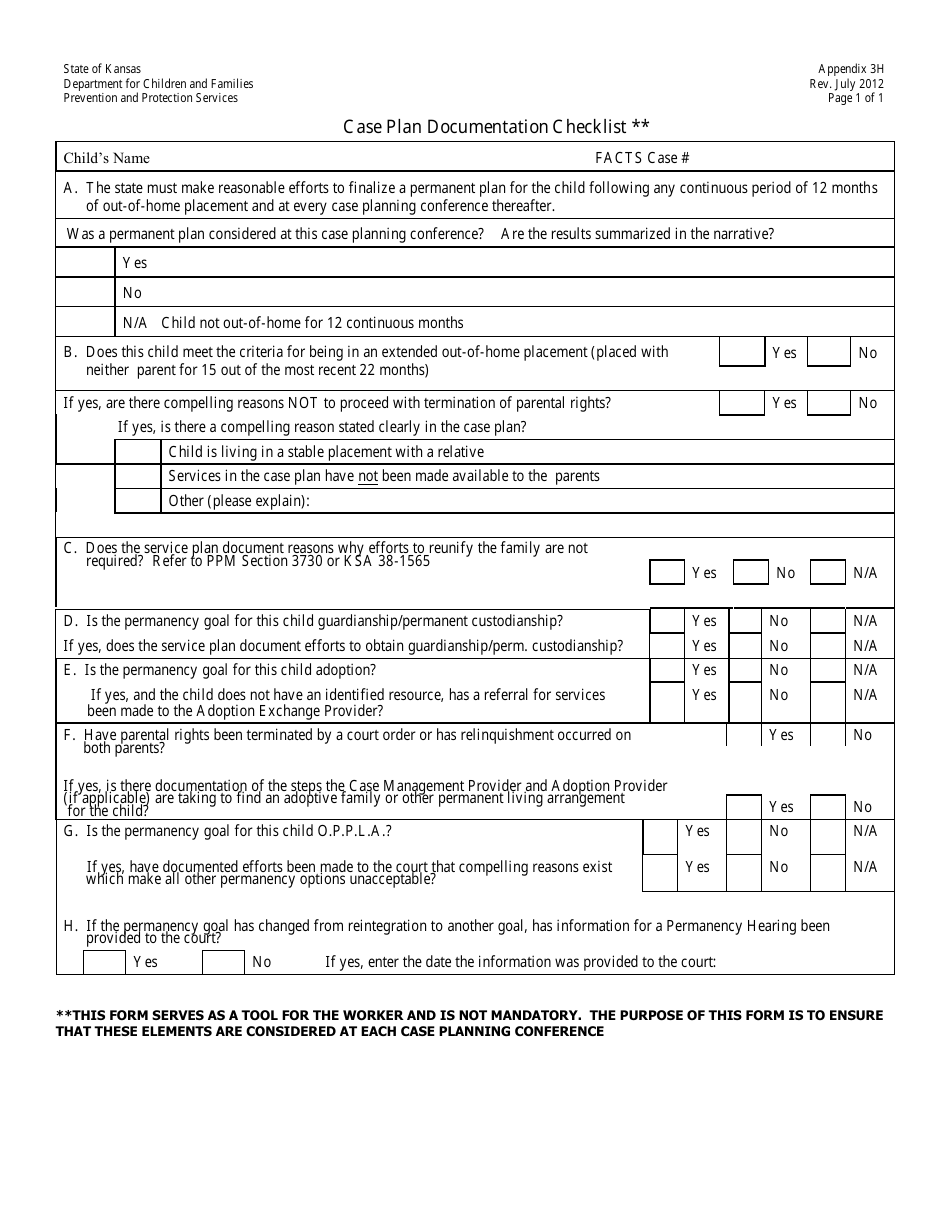 Appendix 3H Case Plan Documentation Checklist - Kansas, Page 1