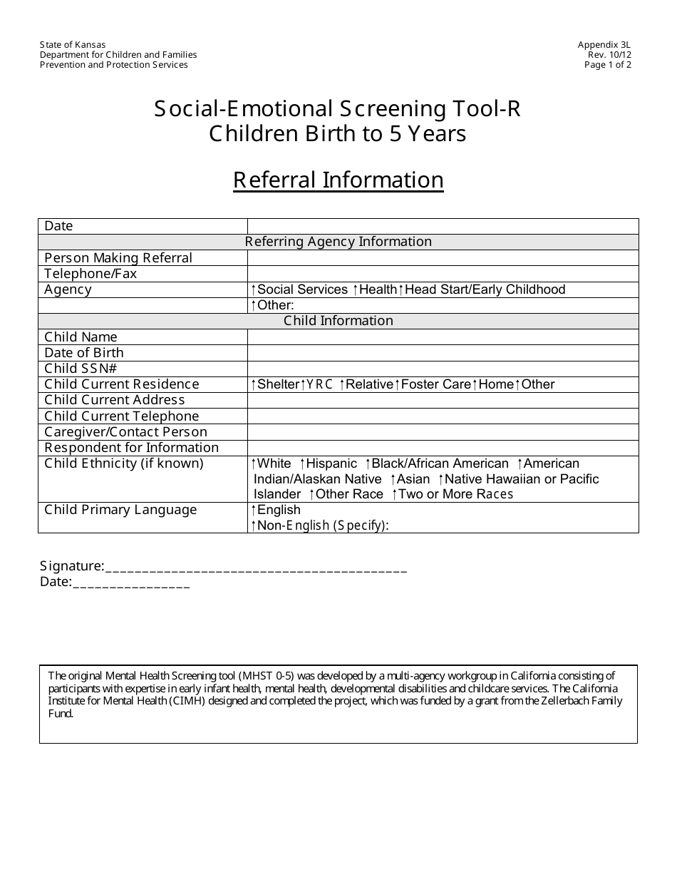 Appendix 3L Social-Emotional Screening Tool-R - Children Birth to 5 Years - Kansas, Page 1