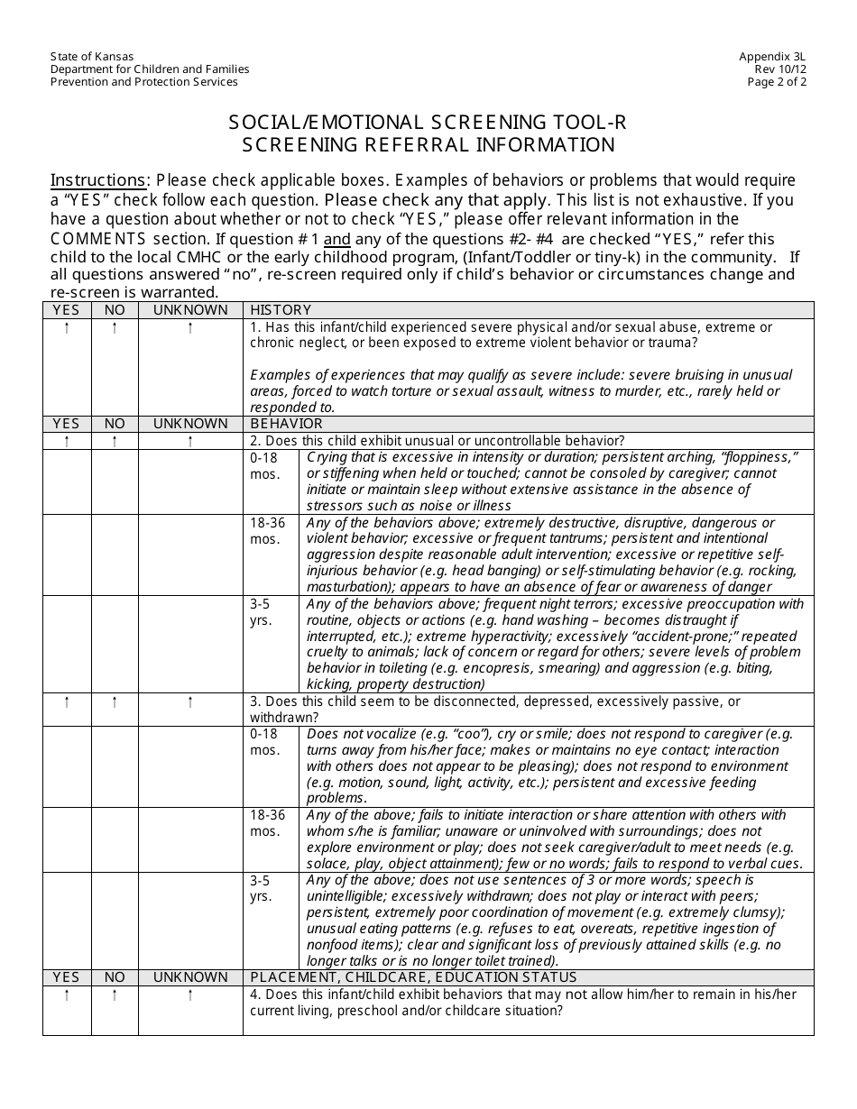 Appendix 3L Social-Emotional Screening Tool-R - Children Birth to 5 Years - Kansas, Page 2