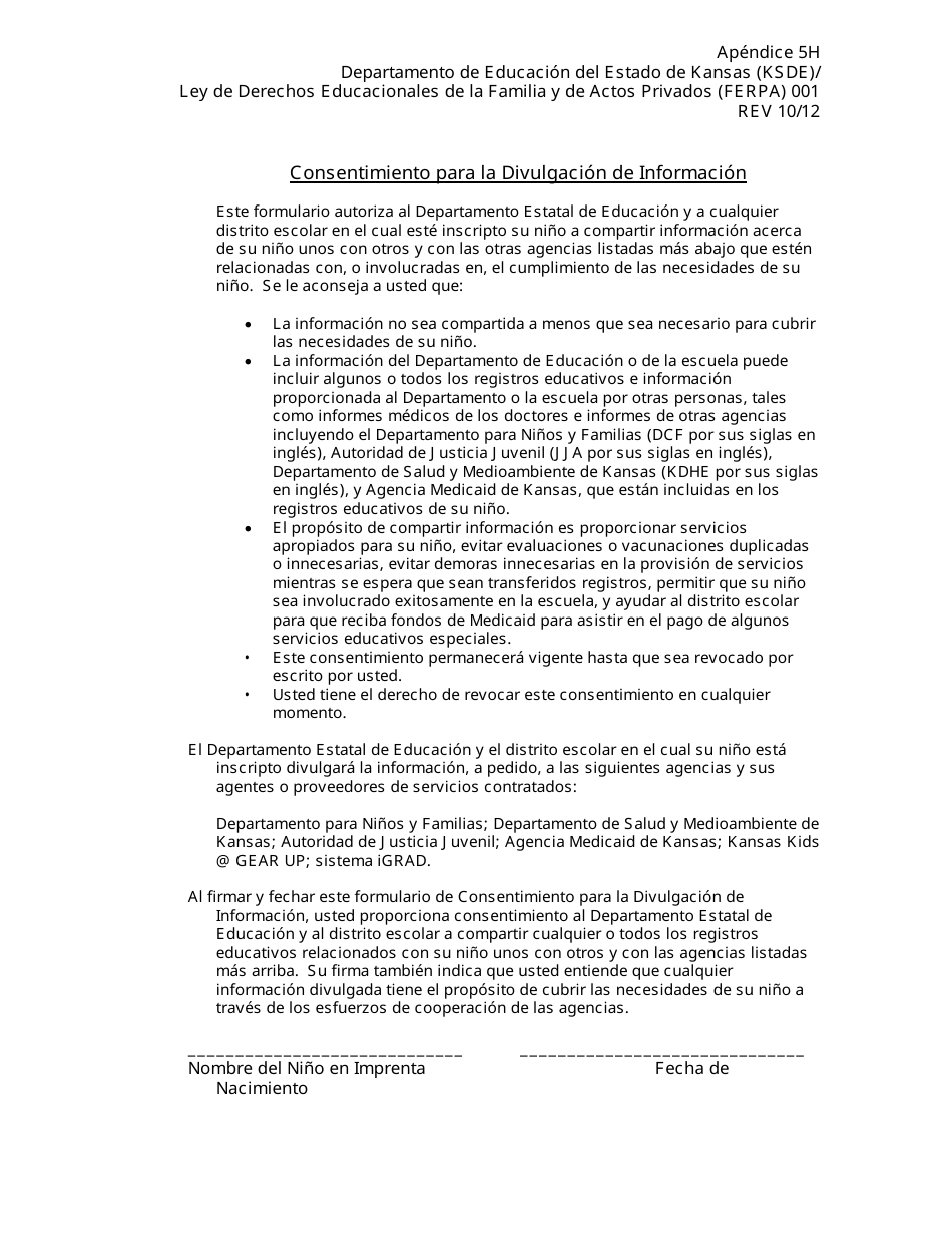 Formulario KSDE / FERPA001 Apendice 5H Apendice 5h - Consentimiento Para La Divulgacion De Informacion - Kansas (Spanish), Page 1