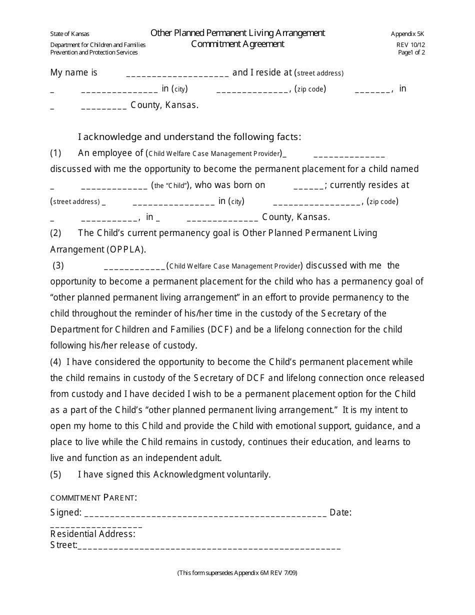 Appendix 5K Other Planned Permanent Living Arrangement Commitment Agreement - Kansas, Page 1