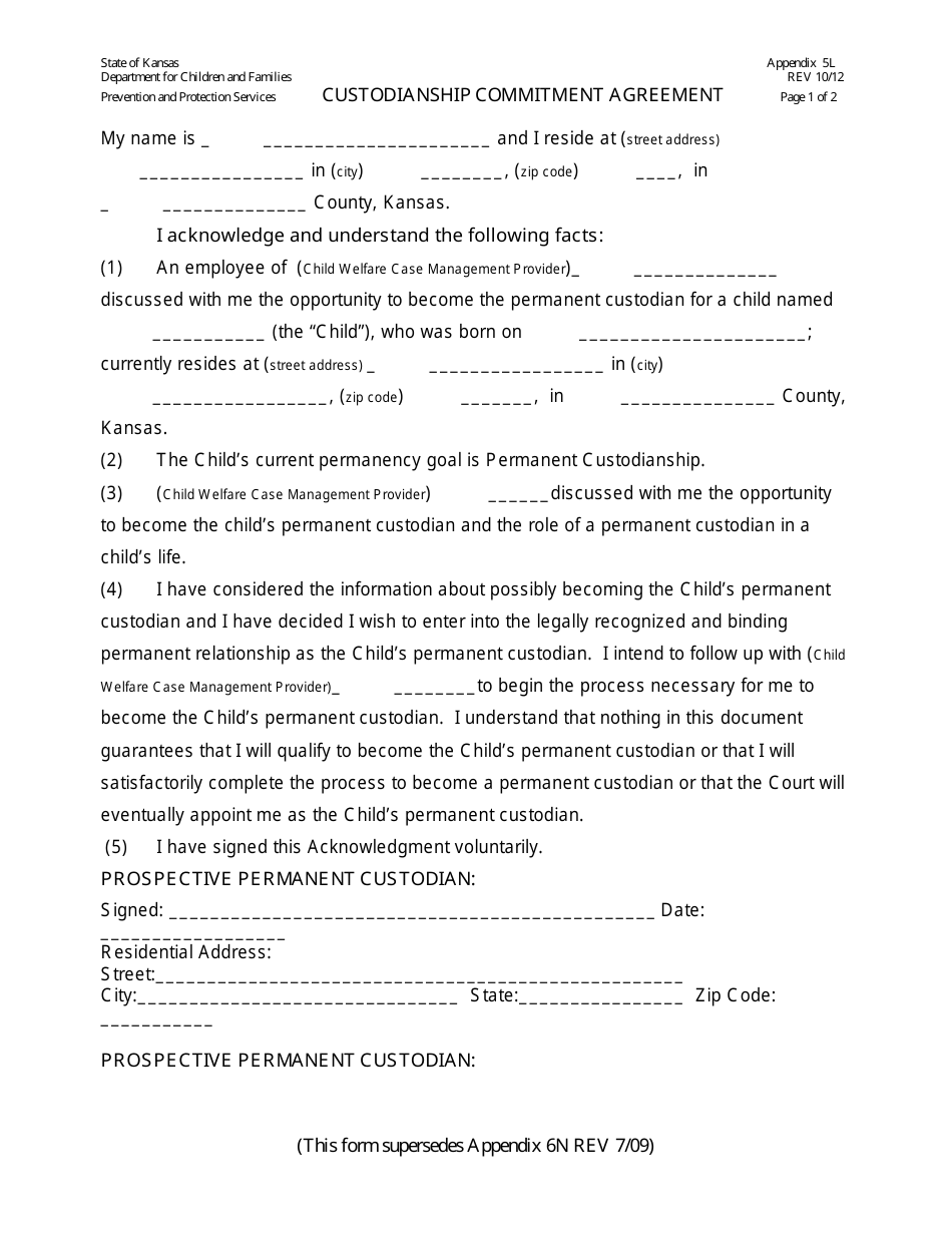 Appendix 5L Custodianship Commitment Agreement - Kansas, Page 1