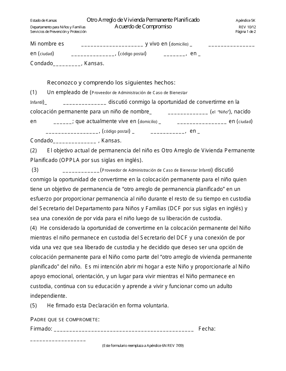 Apendice 5k - Otro Arreglo De Vivienda Permanente Planificad Acuerdo De Compromiso - Kansas (Spanish), Page 1
