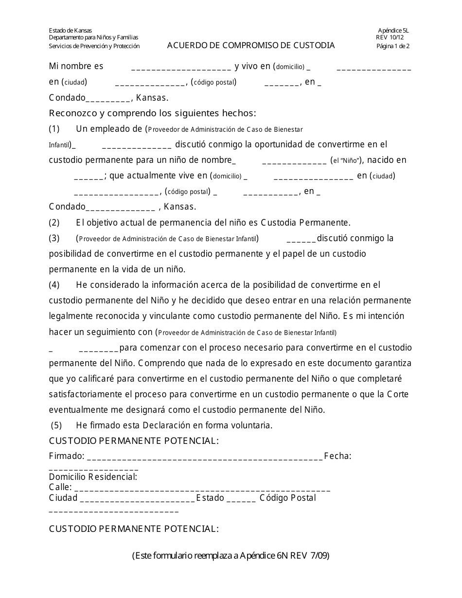 Apendice 5l - Acuerdo De Compromiso De Custodia - Kansas (Spanish), Page 1