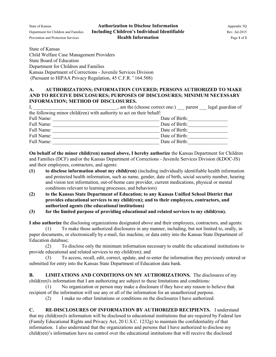 Appendix 5Q Authorization to Disclosure Information Including Childrens Individual Identifiable Health Information - Kansas, Page 1