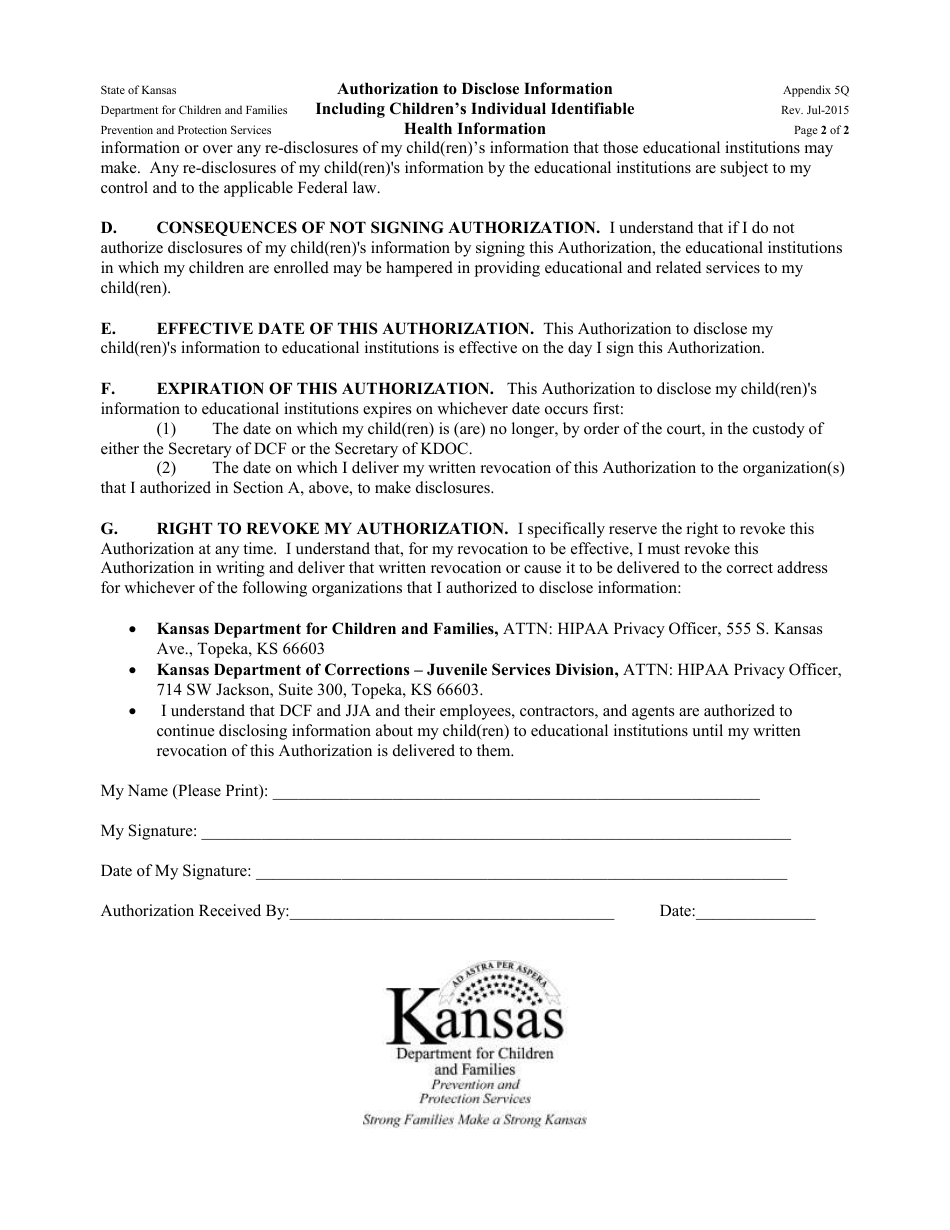 Appendix 5Q Authorization to Disclosure Information Including Childrens Individual Identifiable Health Information - Kansas, Page 2