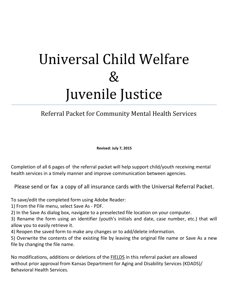 Referral Packet for Community Mental Health Services - Universal Child Welfare  Juvenile Justice - Kansas, Page 1