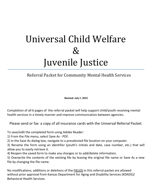 Referral Packet for Community Mental Health Services - Universal Child Welfare & Juvenile Justice - Kansas Download Pdf