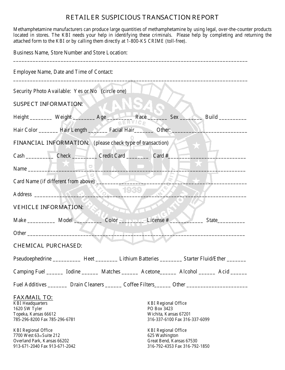 Retailer Suspicious Transaction Report Form - Kansas, Page 1