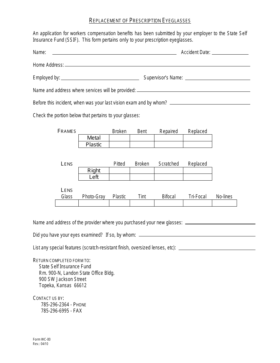 Form WC00 Replacement of Prescription Eyeglasses - Kansas, Page 1