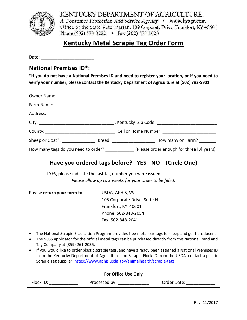Kentucky Kentucky Metal Scrapie Tag Order Form Fill Out, Sign Online