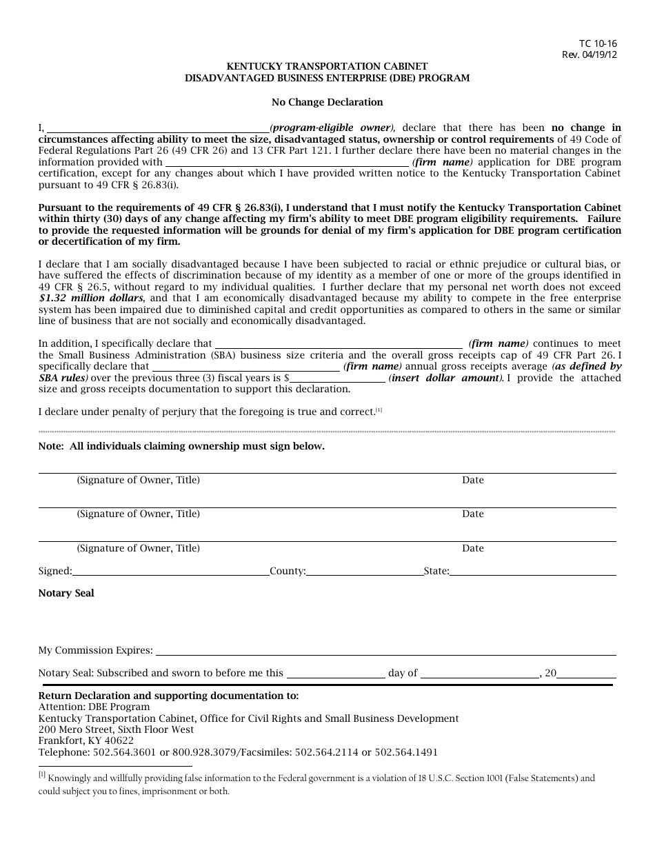Form TC10-16 No Change Declaration - Disadvantaged Business Enterprise (Dbe) Program - Kentucky, Page 1