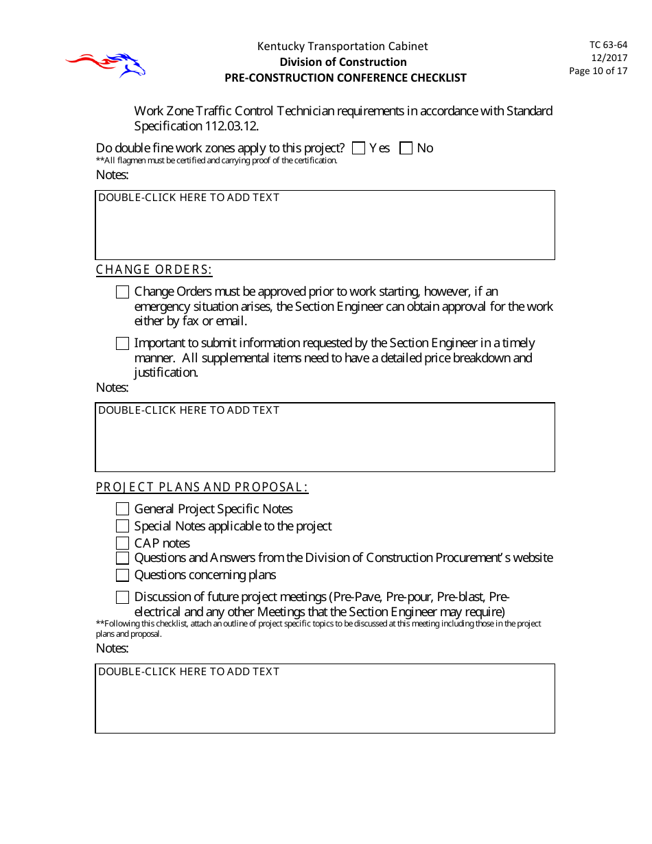 Form TC63-64 Pre-construction Conference Checklist - Kentucky, Page 10