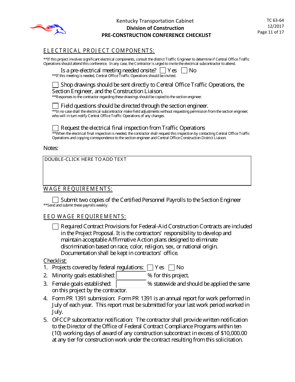 Form TC63-64 Pre-construction Conference Checklist - Kentucky, Page 11