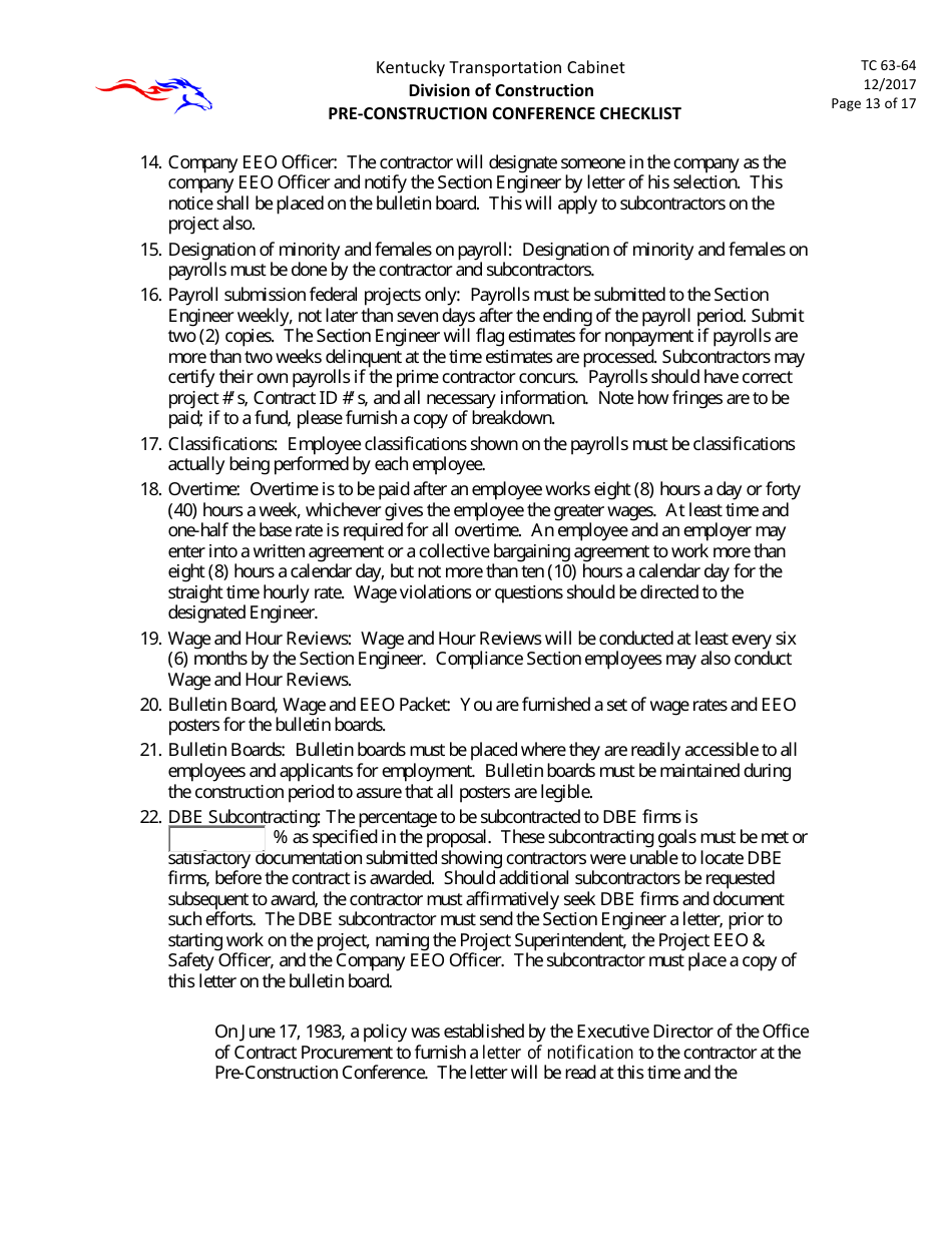Form TC63-64 Pre-construction Conference Checklist - Kentucky, Page 13