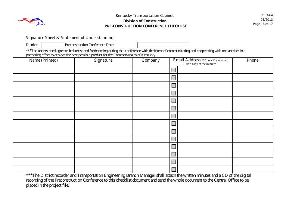 Form TC63-64 Pre-construction Conference Checklist - Kentucky, Page 16
