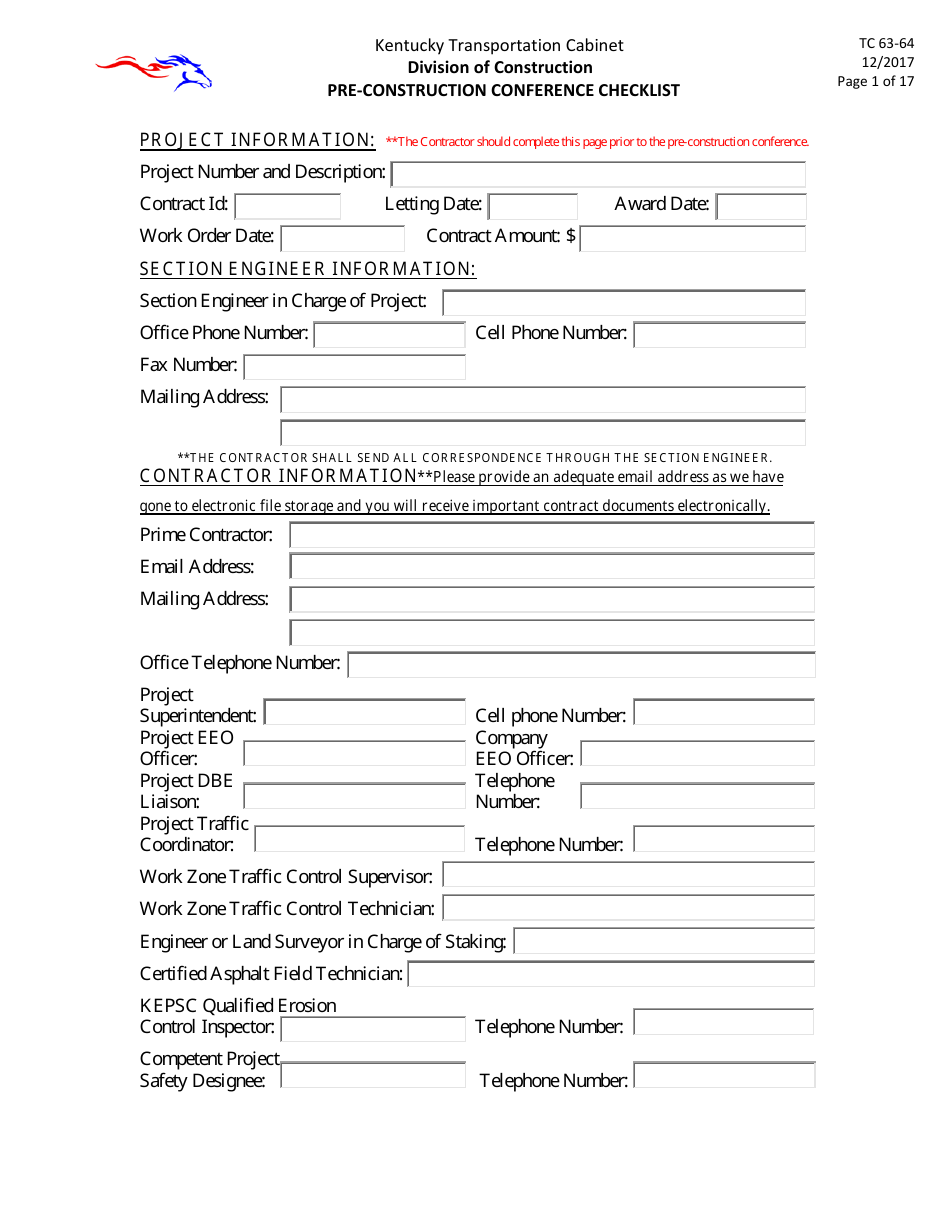 Form TC63-64 Pre-construction Conference Checklist - Kentucky, Page 1