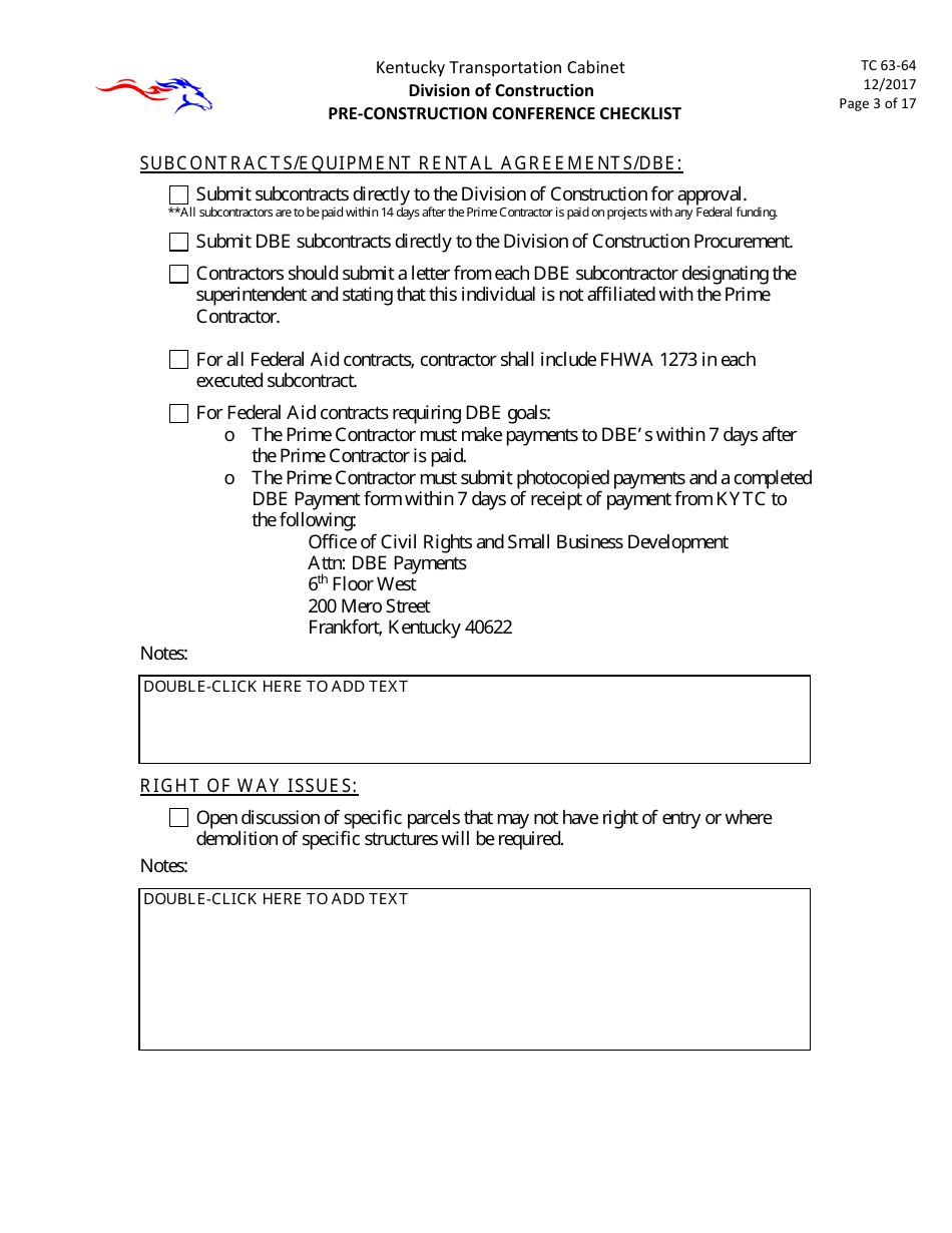Form TC63-64 Pre-construction Conference Checklist - Kentucky, Page 3
