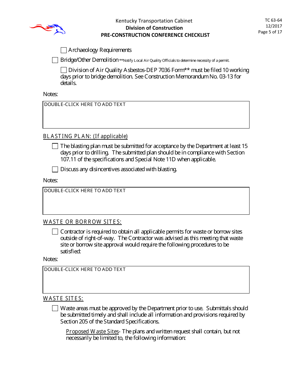 Form TC63-64 Pre-construction Conference Checklist - Kentucky, Page 5