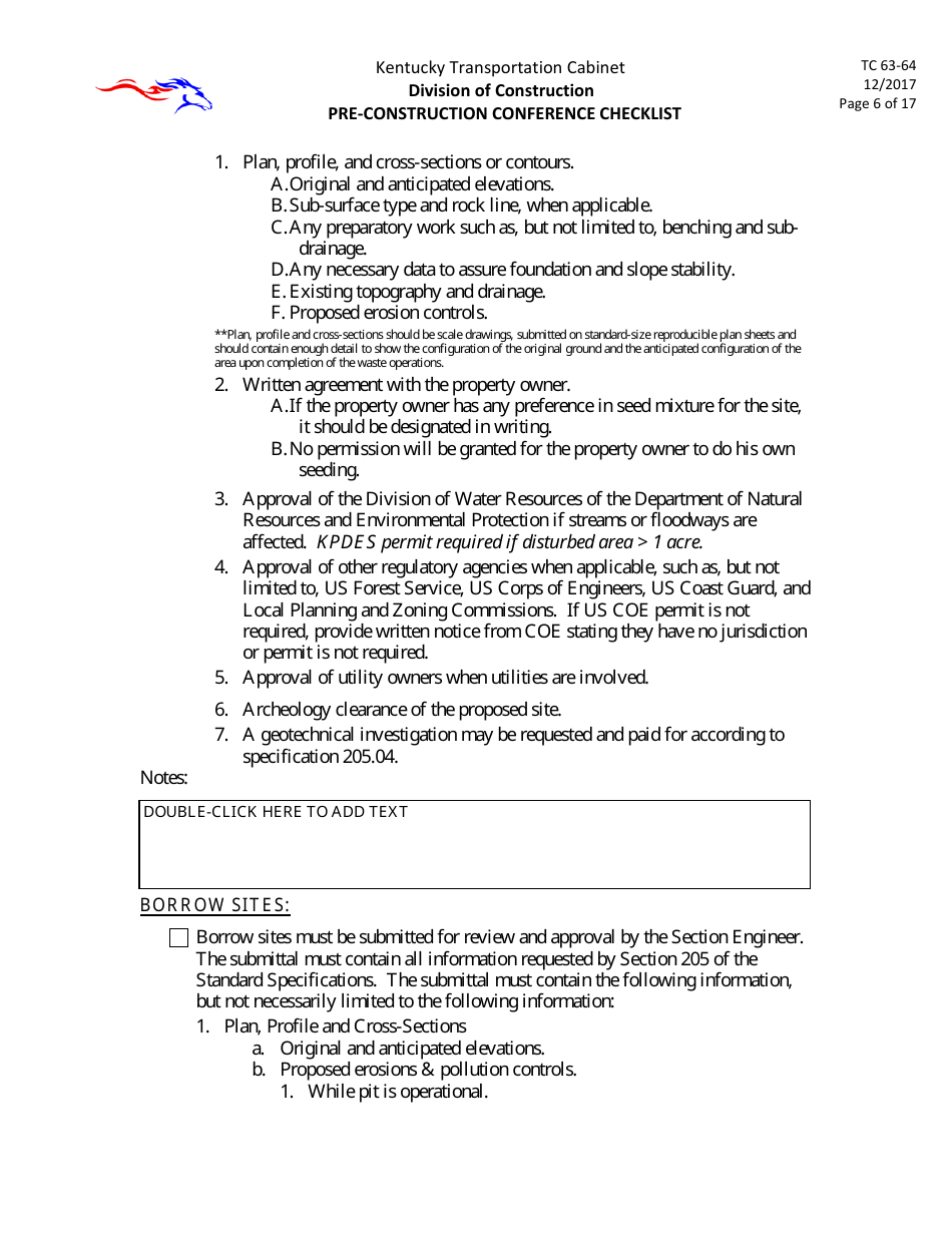 Form TC63-64 Pre-construction Conference Checklist - Kentucky, Page 6