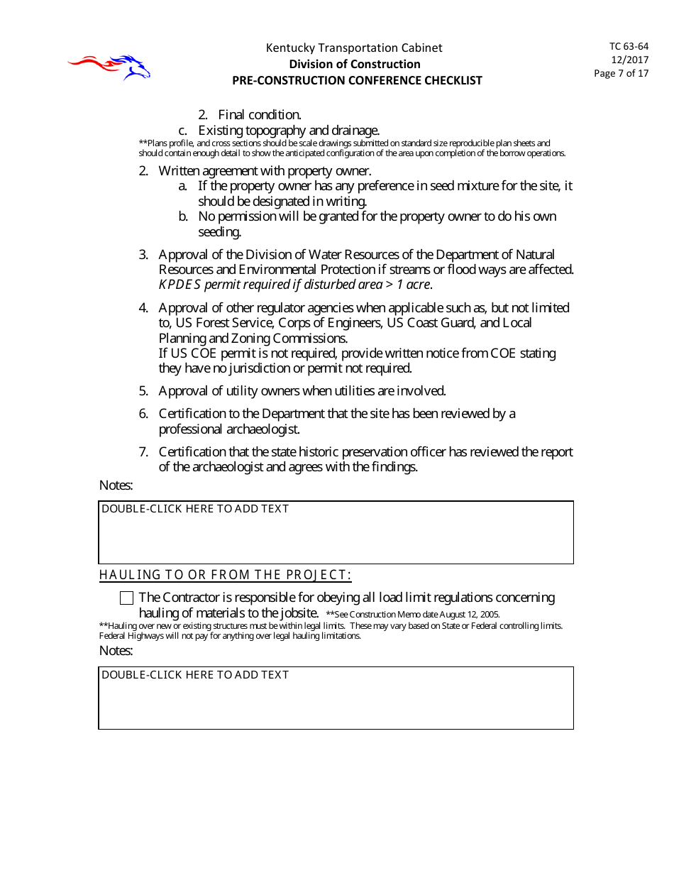 Form TC63-64 Pre-construction Conference Checklist - Kentucky, Page 7