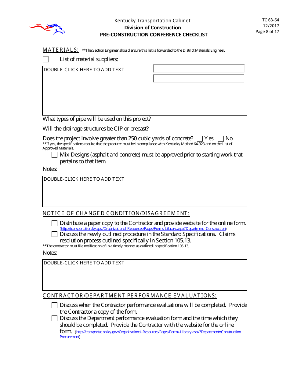 Form TC63-64 Pre-construction Conference Checklist - Kentucky, Page 8