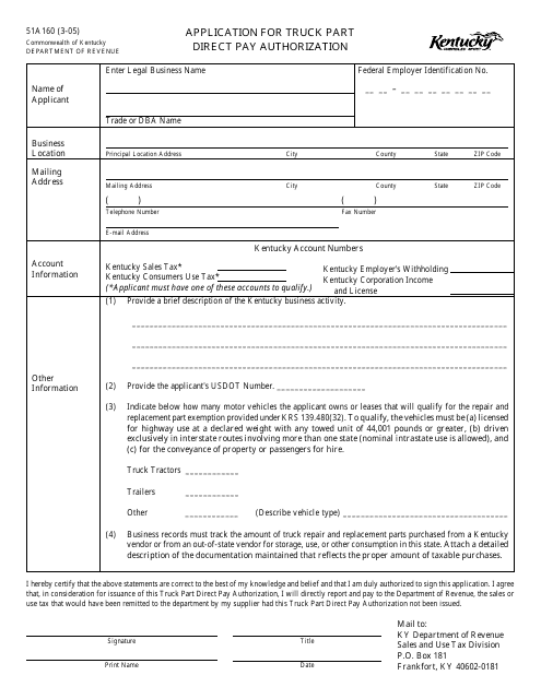 Form 51A160 Application for Truck Part Direct Pay Authorization - Kentucky