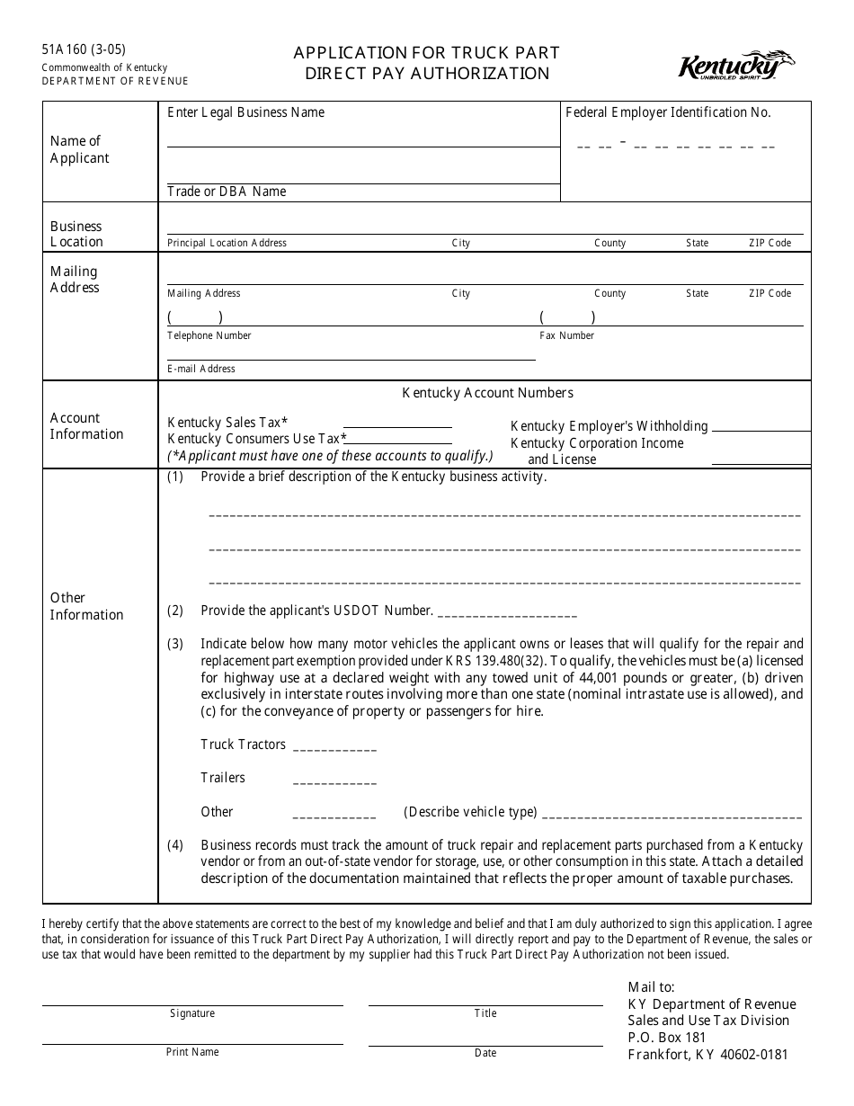 Form 51A160 Application for Truck Part Direct Pay Authorization - Kentucky, Page 1