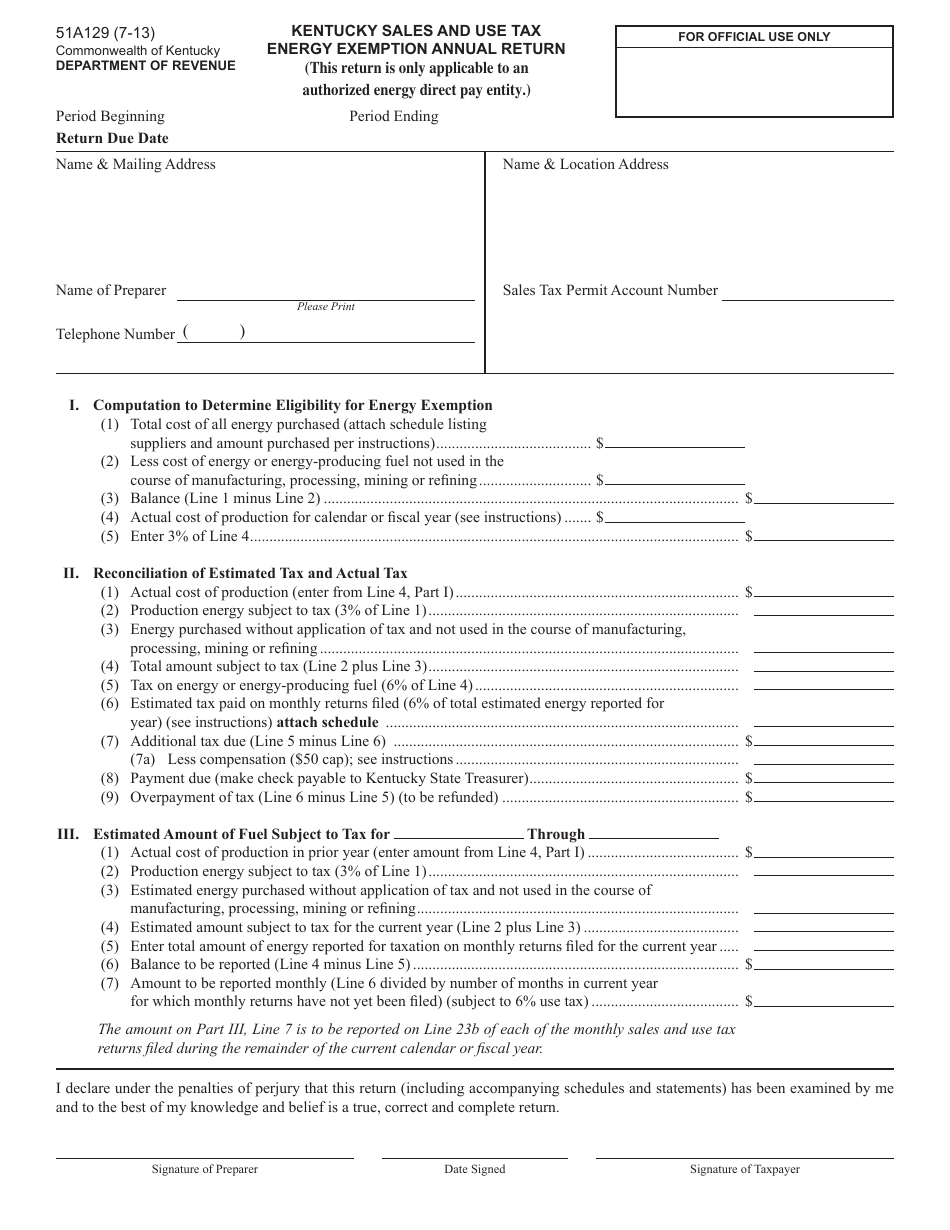 Form 51A129 Energy Exemption Annual Return - Kentucky Sales and Use Tax - Kentucky, Page 1