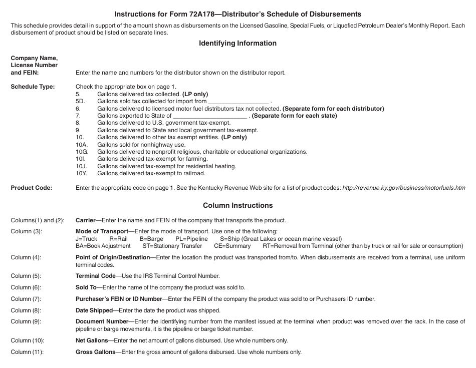 Form 72A178 Distributors Schedule of Disbursements - Kentucky, Page 2