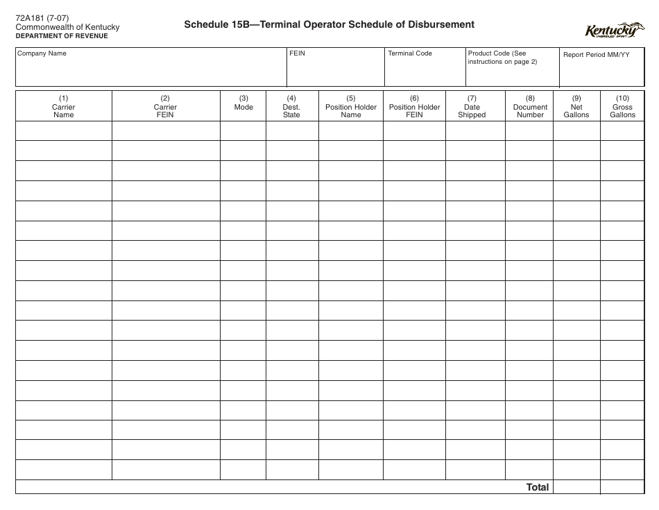 Form 72A181 Schedule 15B Terminal Operator Schedule of Disbursement - Kentucky, Page 1