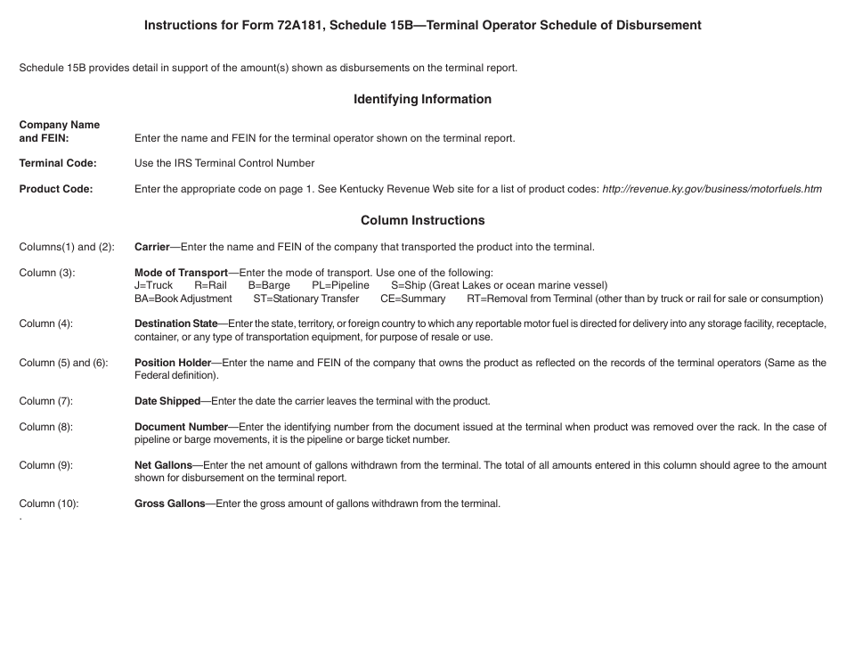Form 72A181 Schedule 15B Terminal Operator Schedule of Disbursement - Kentucky, Page 2